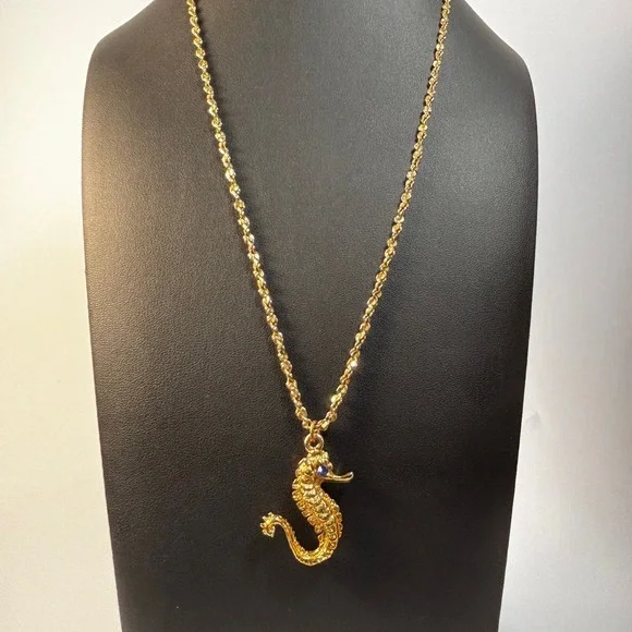 Seahorse Pendant Necklace Gold Tone Blue Eye Textured Nautical Jewelry - Picture 1 of 7